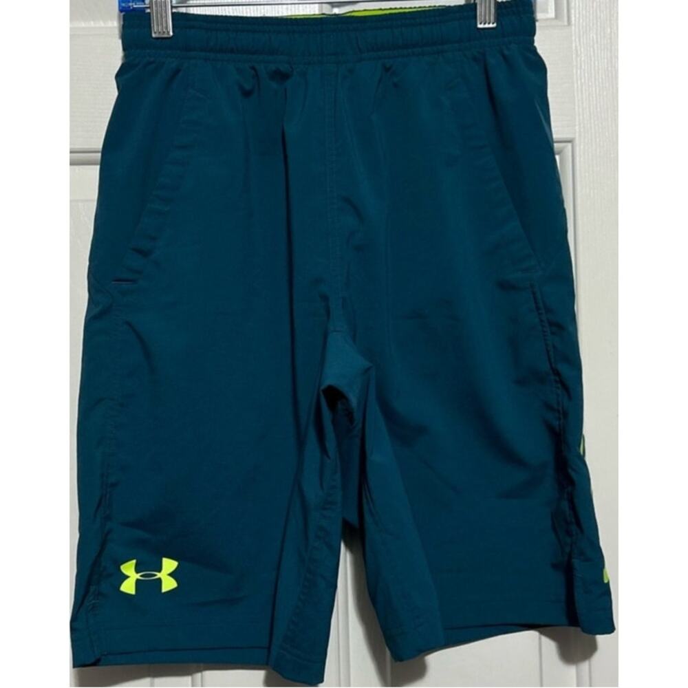 Under‎ Armour Youth Boys Dark Teal Yellow Black Loose Mesh Shorts Size S